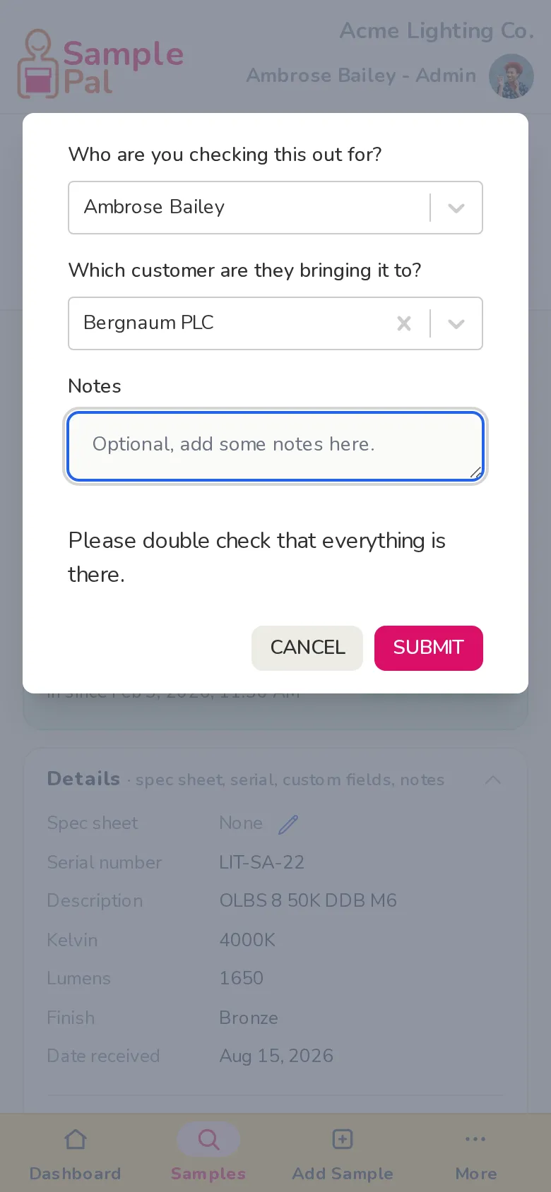 The check-out sheet on a phone, with a rep and customer chosen