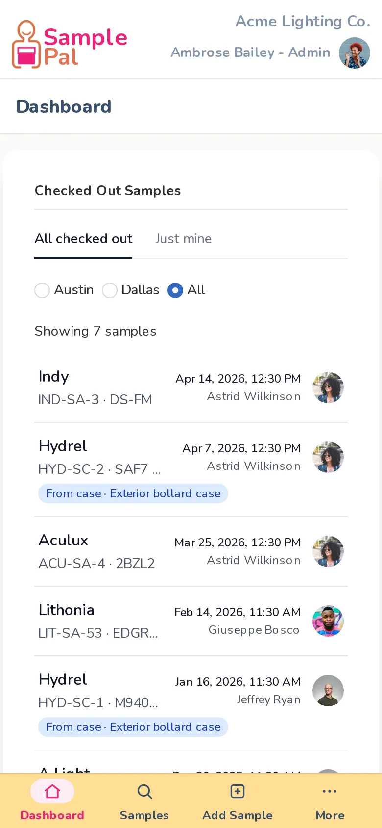 The phone dashboard listing checked-out samples and who has each one