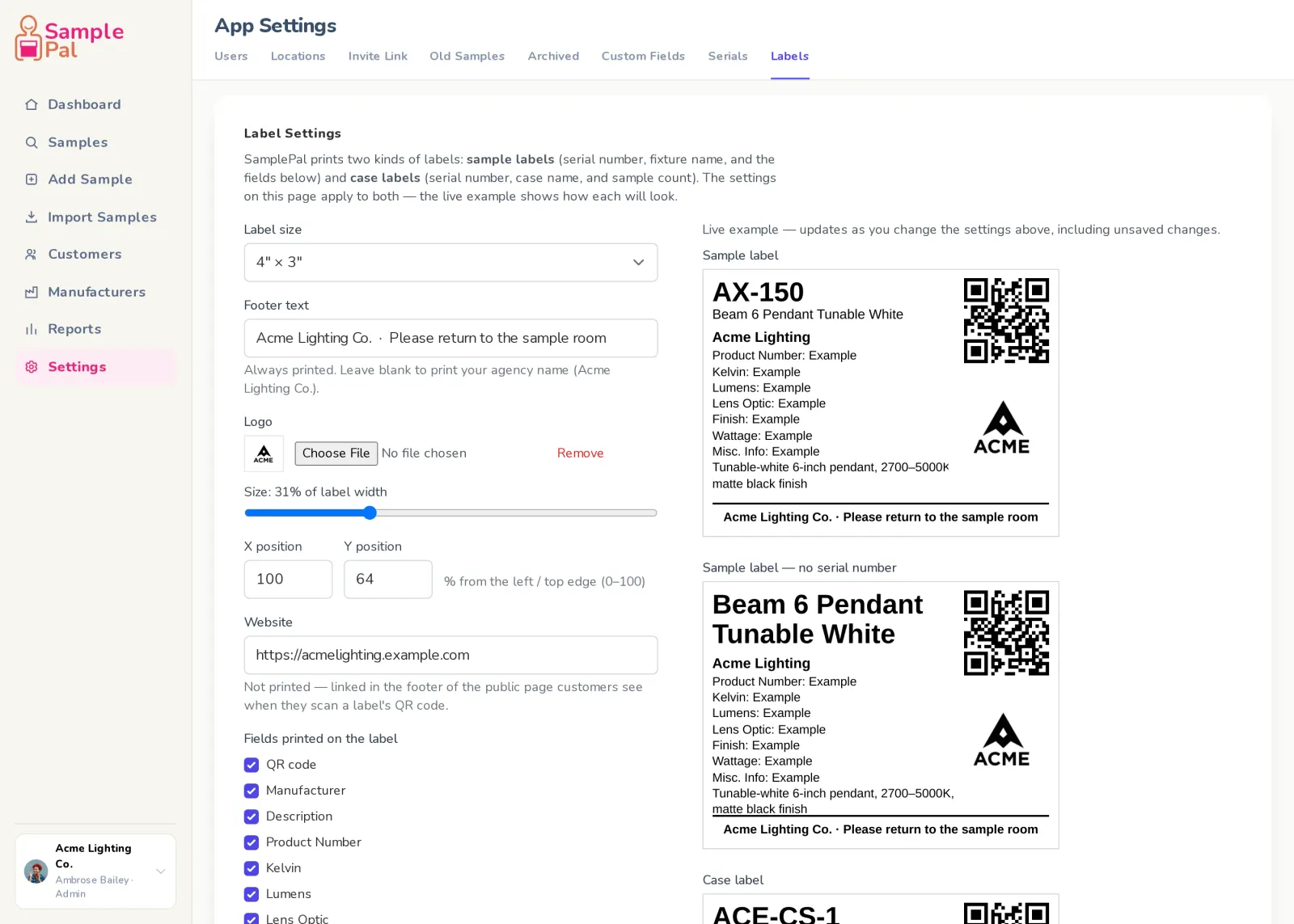 The label designer in settings, with a live preview of the printed label