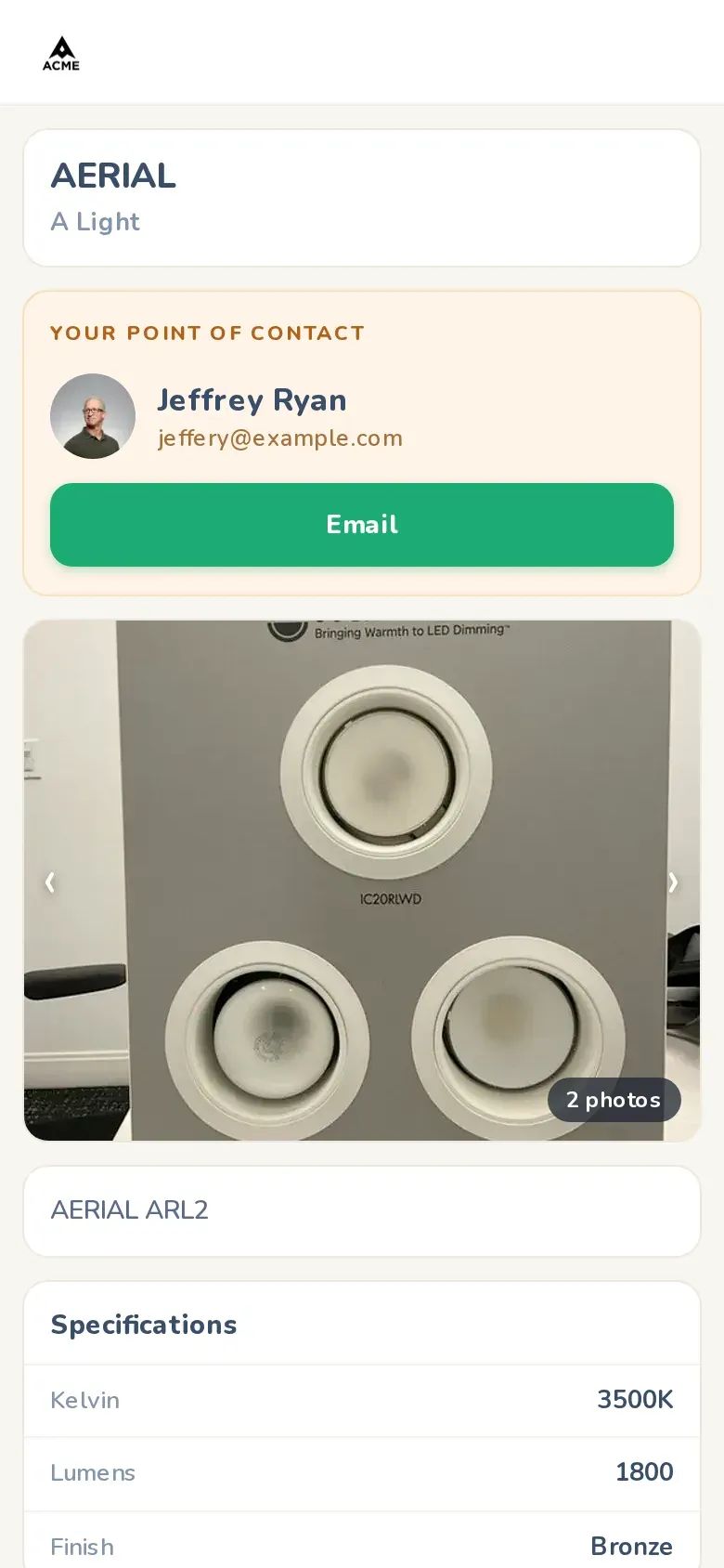 The page a customer sees after scanning a label: the sample, its photos and their rep, with an email button