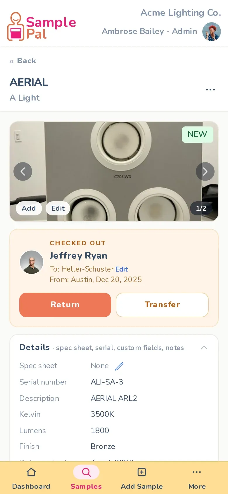 A sample open on a phone, with its photos and current location