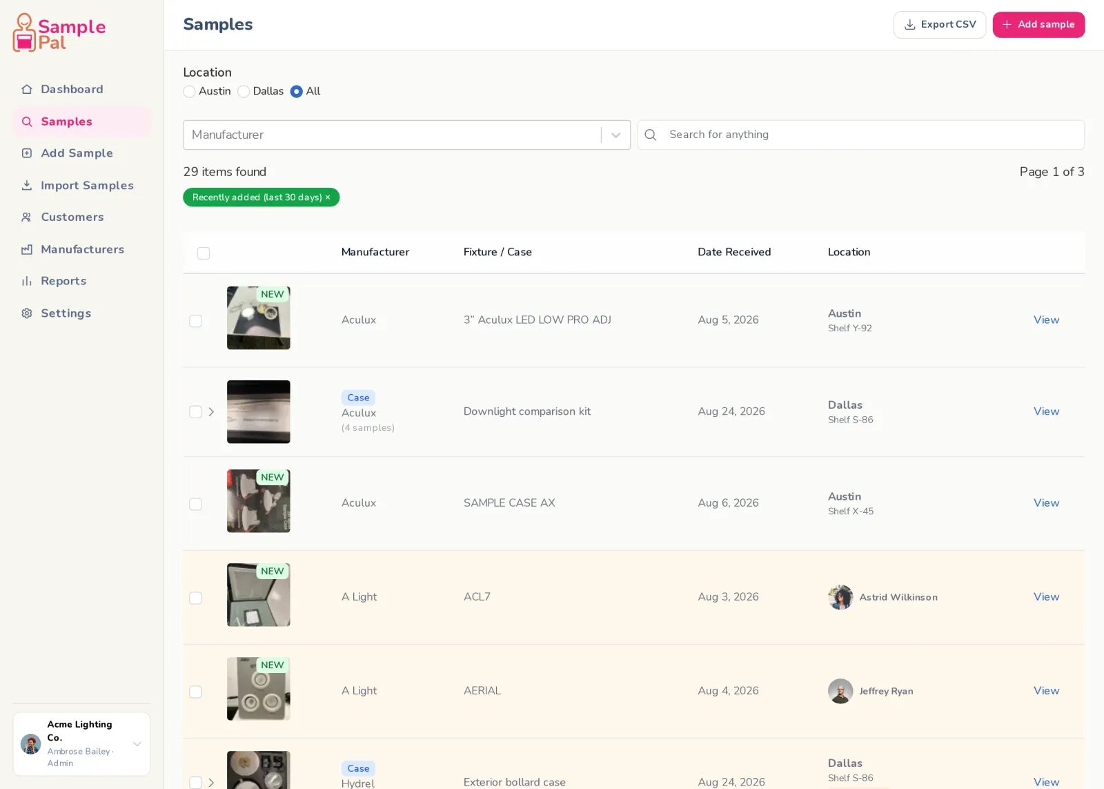 The SamplePal sample list, showing every fixture with a photo, its shelf and who has it